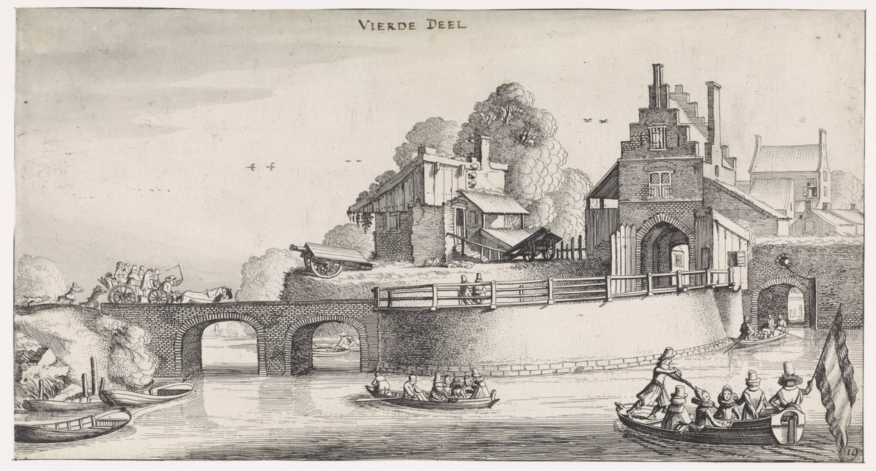 Byport med bro over vannet Playsante-landskap og morsomme ansikter (serietittel) av Jan van de Velde (II)