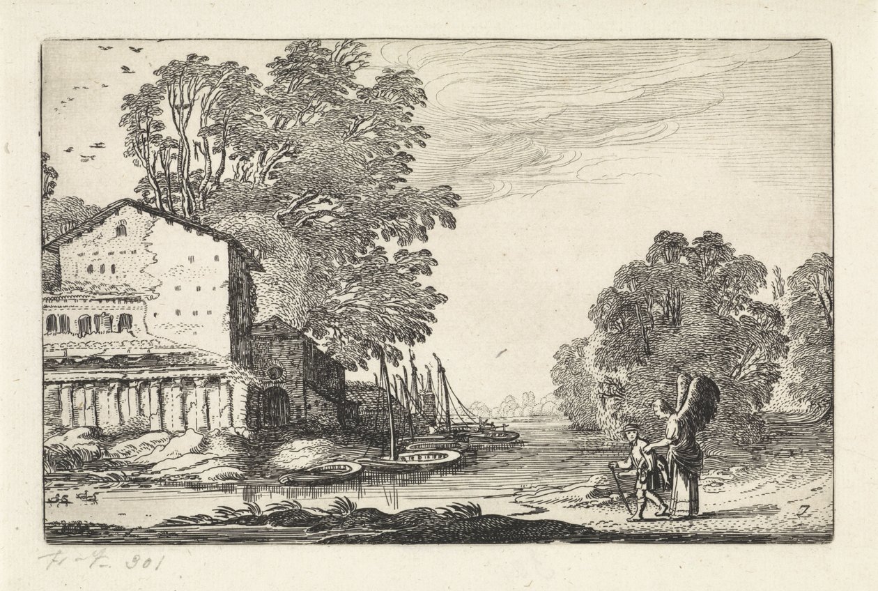 Tobias og engelen i et landskap med en ruin Landskap (serietittel) Amenissimae aliquot requculae (serietittel) av Jan van de Velde (II)