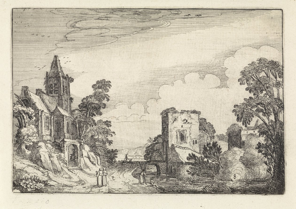 Tårn og en kirke i et landskap Amenissimae aliquot requculae (serietittel) Landskap (serietittel) av Jan van de Velde (II)