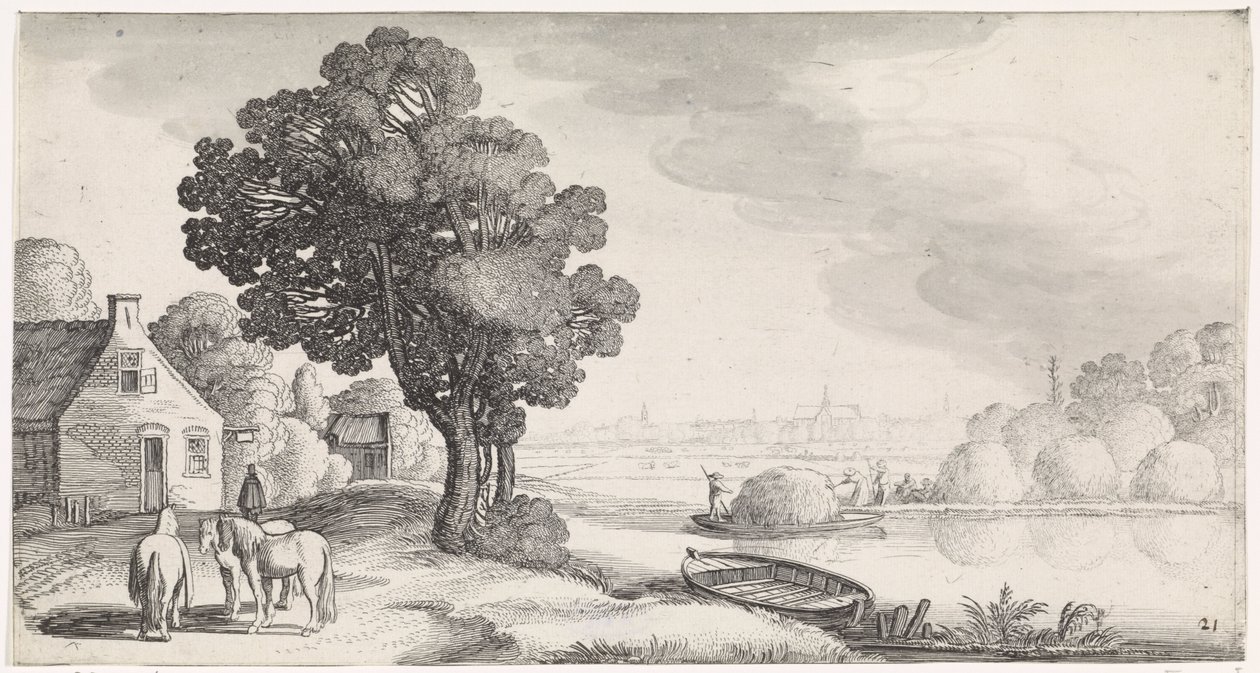 Høytransport på en elv med Haarlem i det fjerne Playsante-landskap og underholdende severdigheter (serietittel) av Jan van de Velde (II)