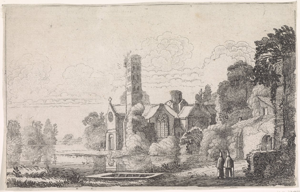 To munker ved et kloster i et elvelandskap Elvelandskap (serietittel) av Jan van de Velde (II)
