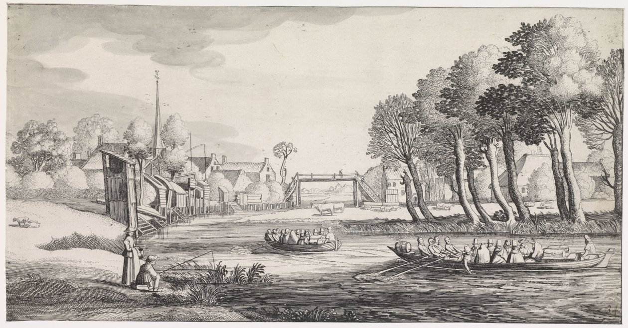 To robåter på en elv nær en landsby Playsante-landskap og morsomme ansikter (serietittel) av Jan van de Velde (II)