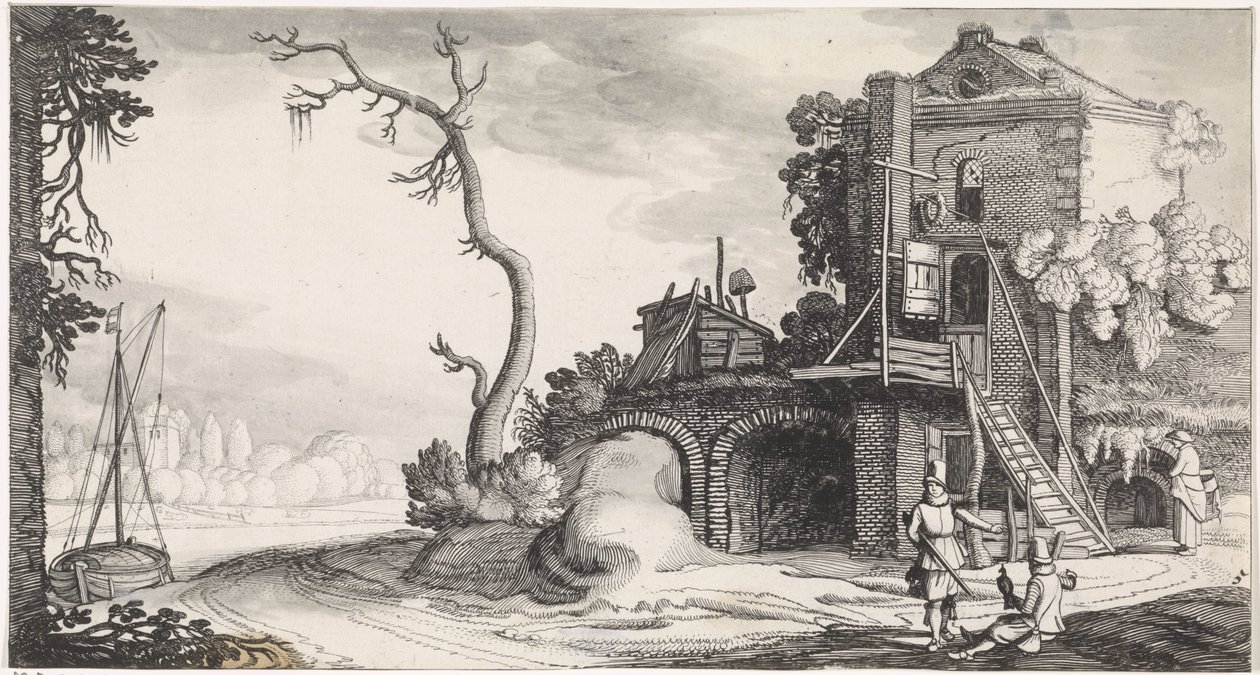 To falkonerere nær et tårn som ble brukt som vertshus Playsante-landskap og morsomme ansikter (serietittel) av Jan van de Velde (II)
