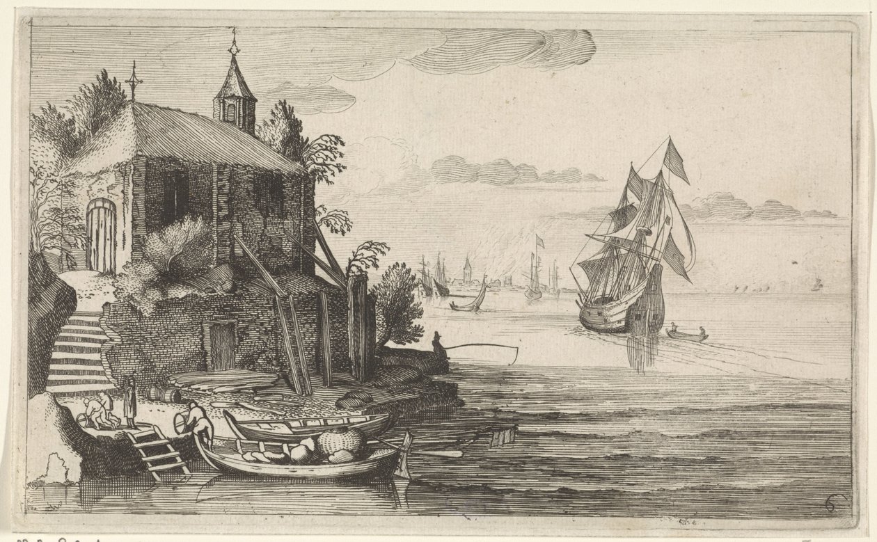 To-mester ved en kyst med kapell Seascapes (serietittel) av Jan van de Velde (II)