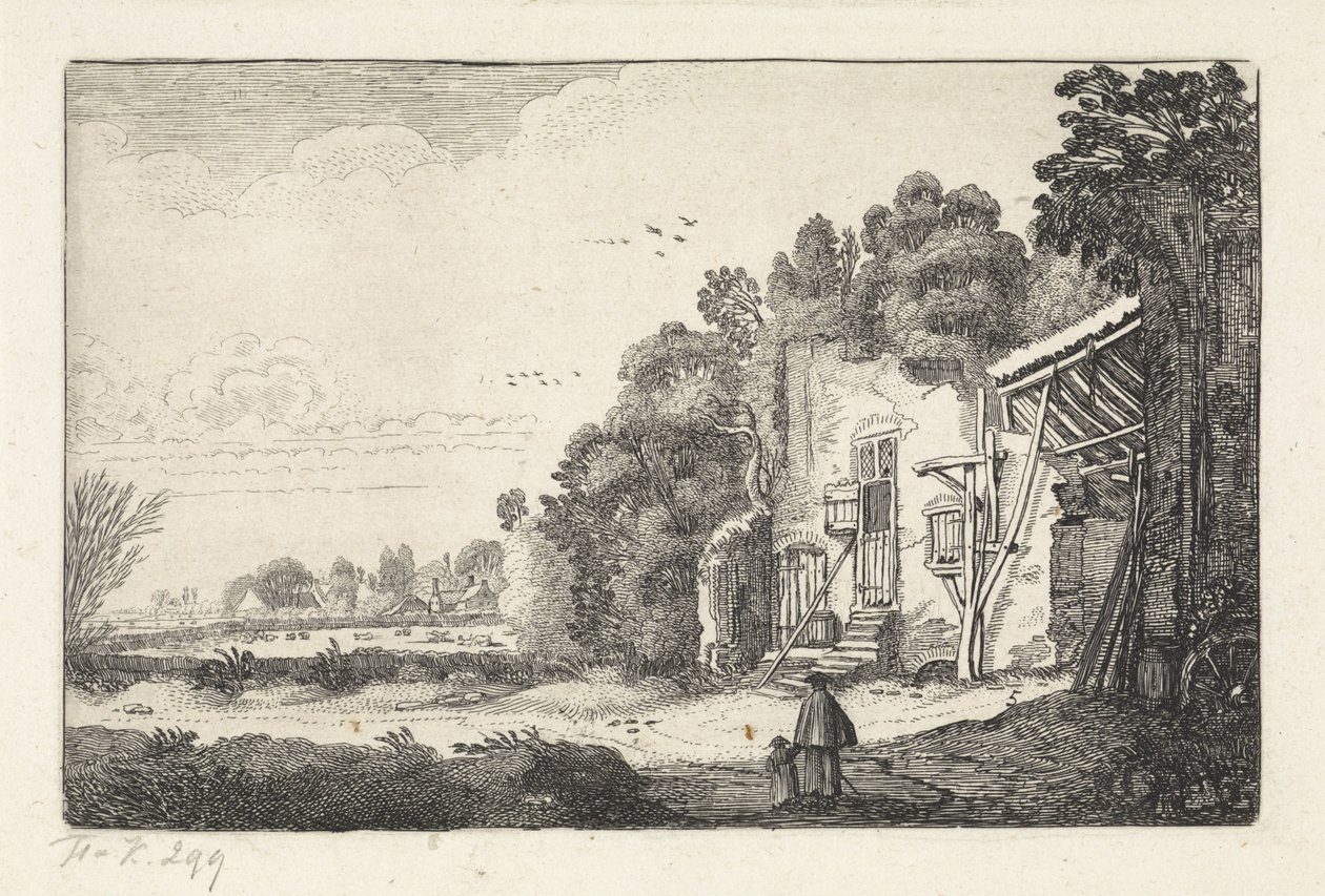 Kvinne med barn nær en ruin av et hus Landskap (serietittel) Amenissimae aliquot requculae (serietittel) av Jan van de Velde (II)
