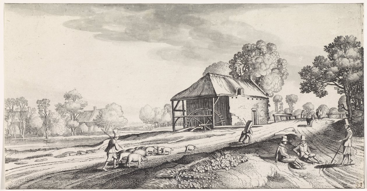 Veigaffel ved en vannmølle Playsante-landskap og morsomme ansikter (serietittel) av Jan van de Velde (II)