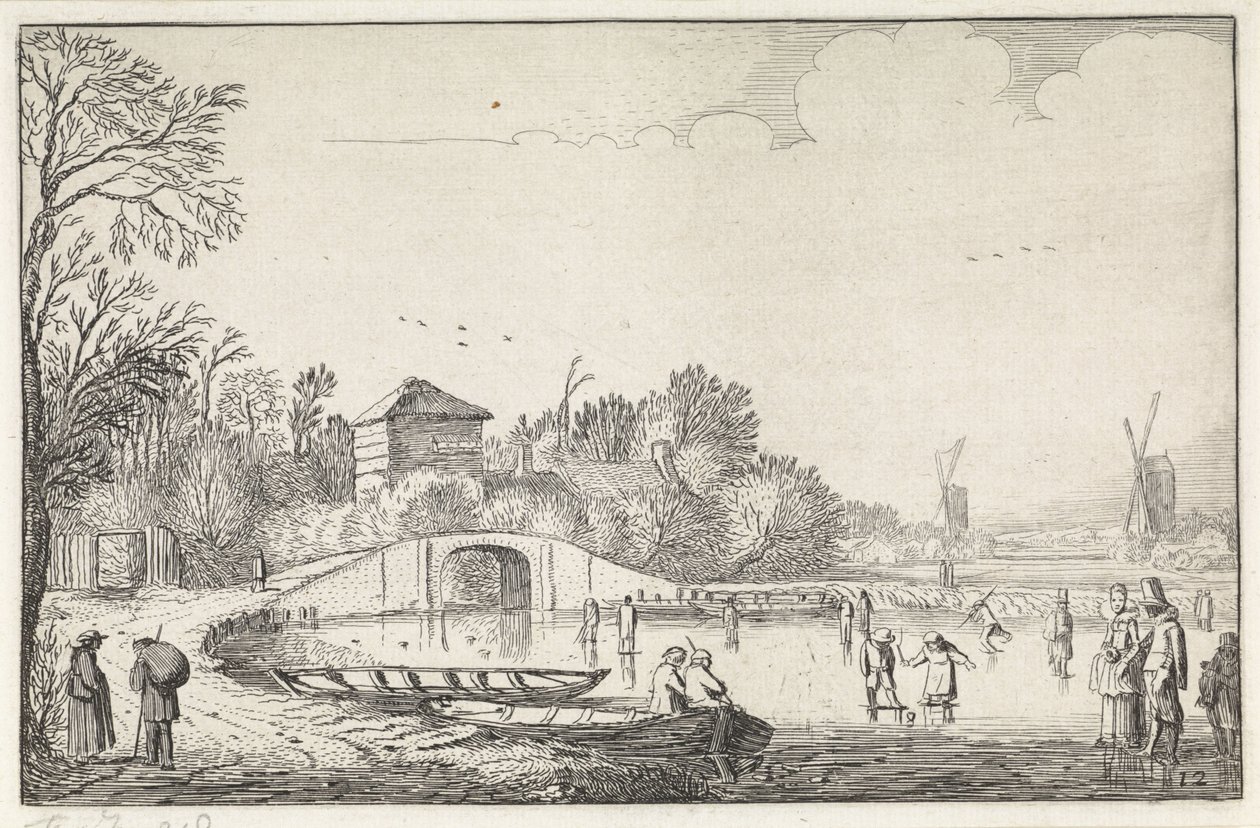 Vinterlandskap med skatere ved en bro Landskap (serietittel) Amenissimae aliquot requculae (serietittel) av Jan van de Velde (II)