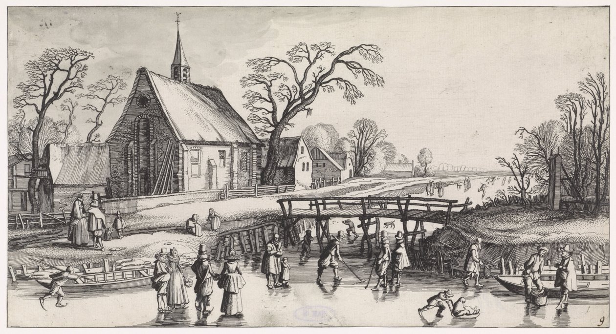 Vinterlandskap med skatere nær en landsby Playsante-landskap og morsomme ansikter (serietittel) av Jan van de Velde (II)