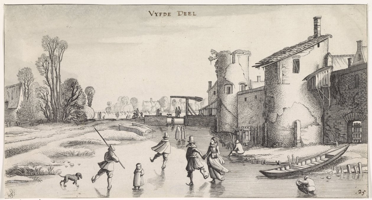 Vinterlandskap med skatere ved en bymur Hyggelige landskap og morsomme severdigheter (serietittel) av Jan van de Velde (II)