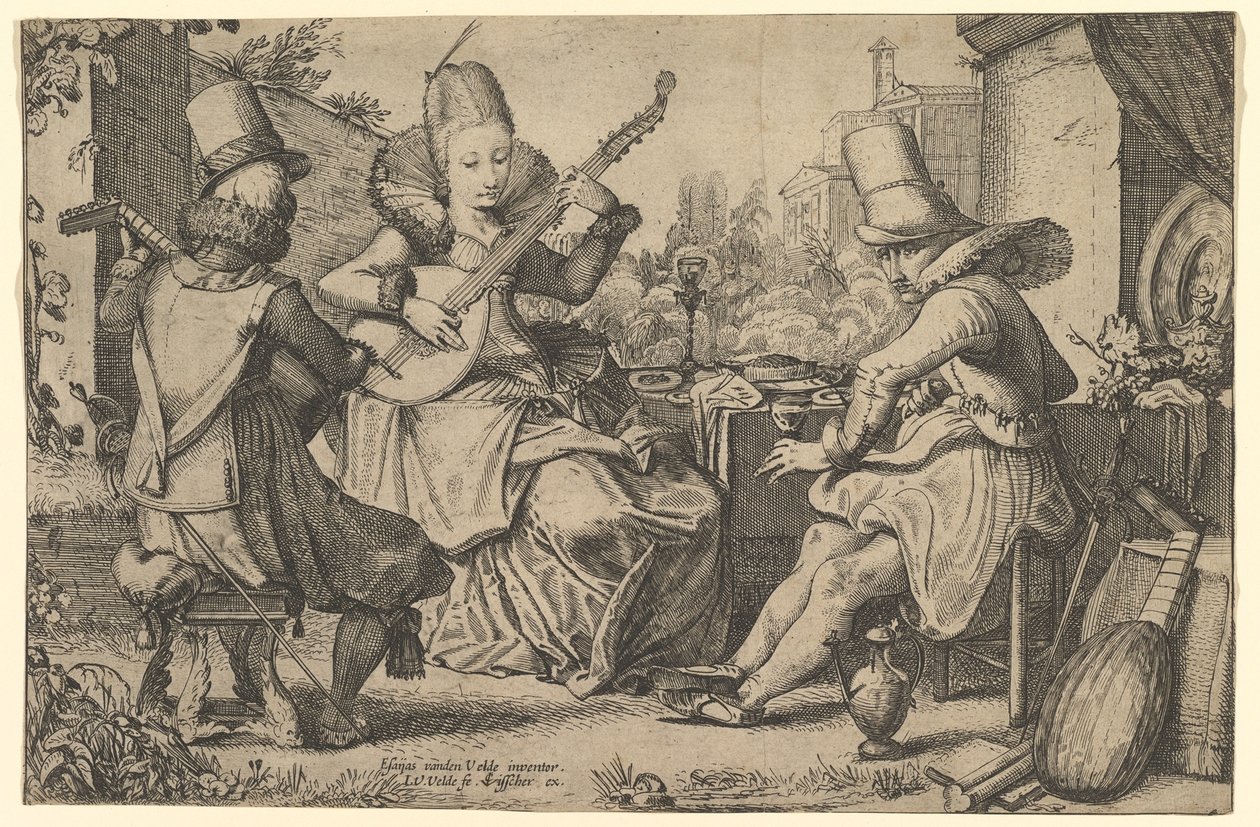 To elegant kledde menn og en kvinne i en hage, 1613-41. av Jan van de Velde II