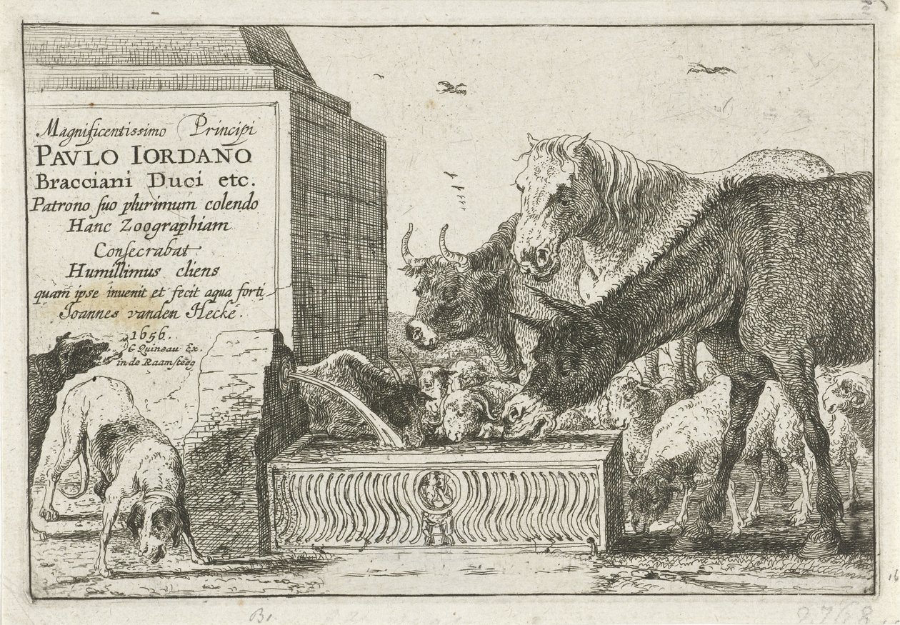Dyr ved en fontene Titteltrykk av en serie trykk som viser dyr Dyr (serietittel) Zoographiam (serietittel på objekt) av Jan van den Hecke