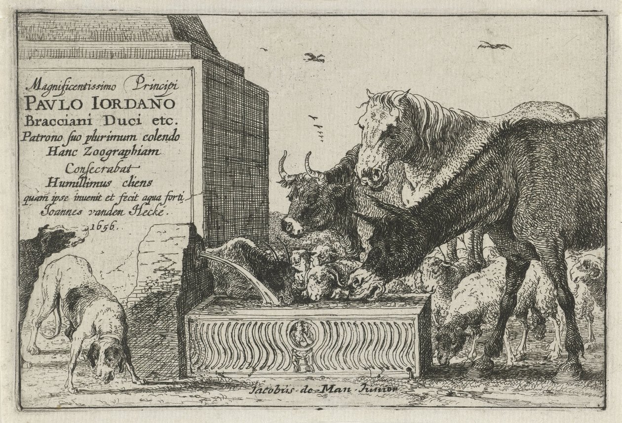 Dyr ved en fontene Titteltrykk av en serie trykk som viser dyr Dyr (serietittel) Zoographiam (serietittel på objekt) av Jan van den Hecke