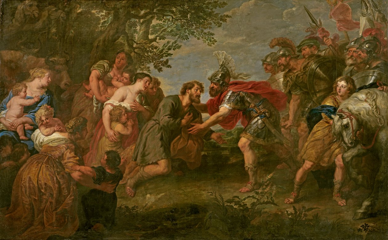 Jakob møter broren Esau (olje på lerret) av Jan van den Hoecke