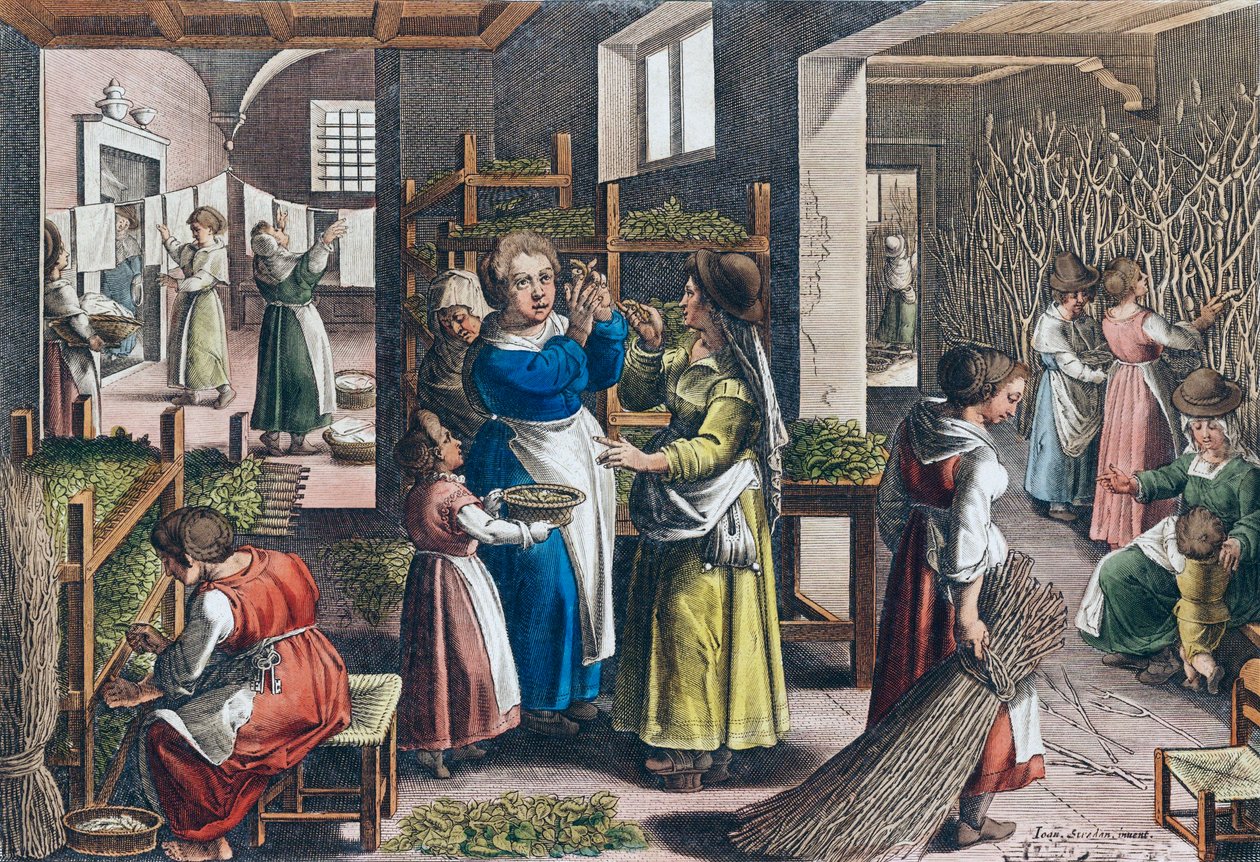 Silkeproduksjon i Europa på 1500-tallet (trykk) av Jan van der (1523 1605) (after) Straet