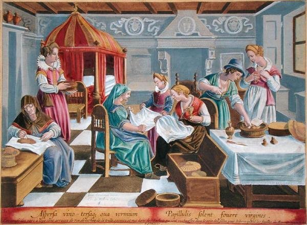 Kvinner drysser eggene til silkeormen med vin og hold dem varme ved brystet, plate 3 fra 