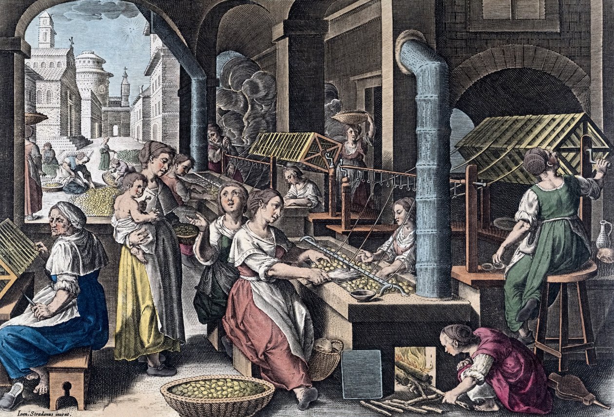 Silkeproduksjon i Europa på 1500-tallet (trykk) av Jan van der (1523 1605) (after) Straet