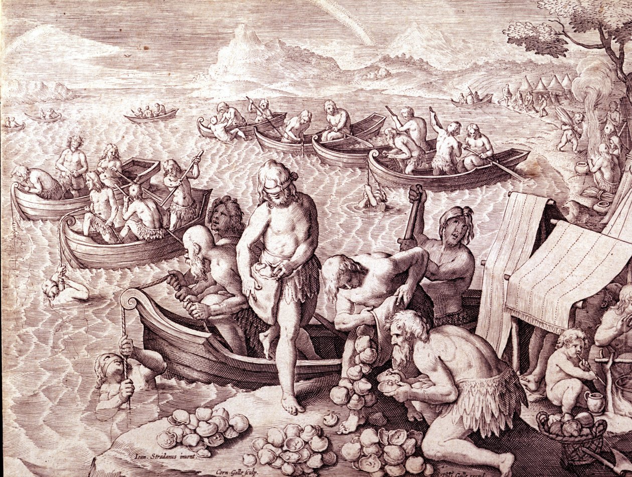Østersfiske. 17. århundre. Gravering av Giovanni Stradano (Jan Van Der Straet) (Johannes Stradanus) (1523-1605). av Jan van der Straet