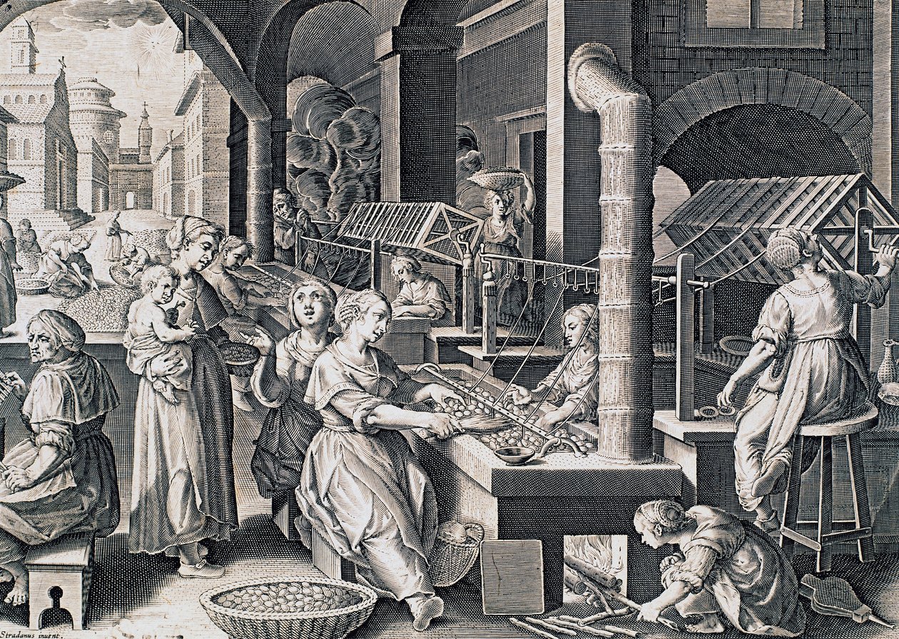 Vermis sericus, kvinner som spinner silke og varmer silkeorm i brann, gravering av Stradanus (1523-1605), Italia av Jan van der Straet