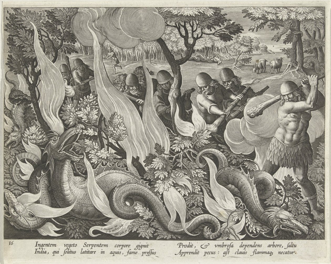 Fange slanger i India ved å bruke køller og fakler for å tenne underskogen, tallerken 44 fra puben Venationes Ferarum, Avium, Piscium (Of Hunting: Wild Beasts, Birds, Fish). 1640 av Jan van der 1523 1605 Straet