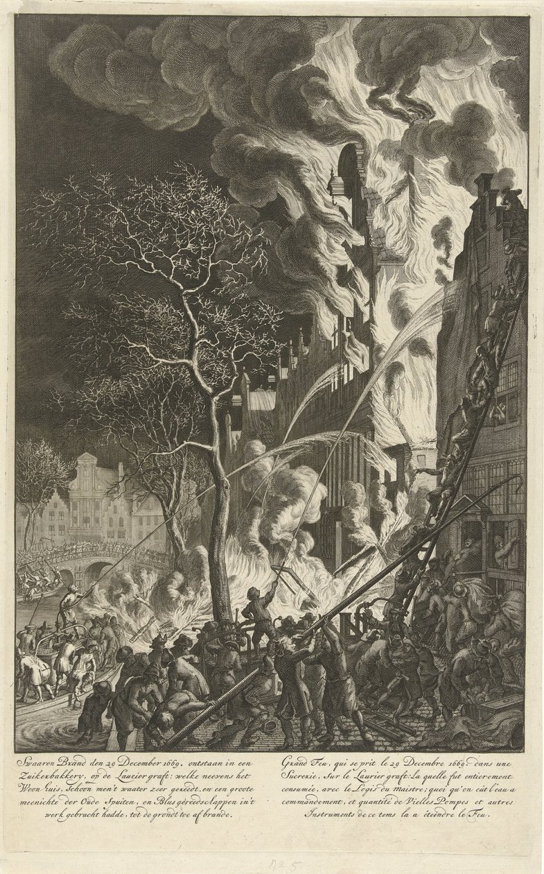 Brann på Lauriergracht i Amsterdam, 1669 Kraftig brann 29. desember 1669. oppsto i et sukkerbakeri, på Laurier-transplantatet (...) / Grand feu, qui se prit le 29. desember 1669. dans une sucrerie, sur le Laurier-transplantatet (...) (tittel på objektet) av Jan van der Heyden (attributed to)