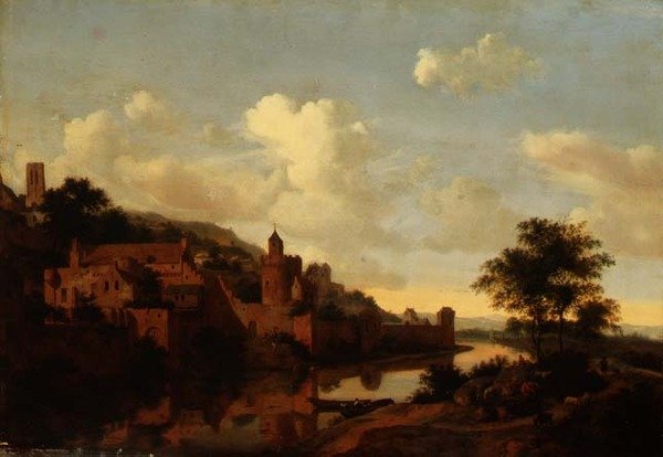 En befestet by over en elv (panel) av Jan van der Heyden