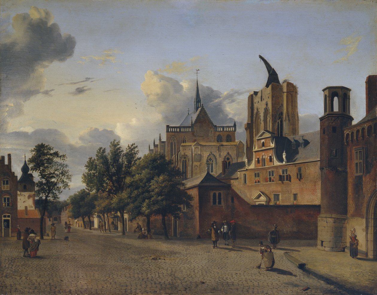 En gate i Köln med den uferdige katedralen i sentrum av Jan van der Heyden