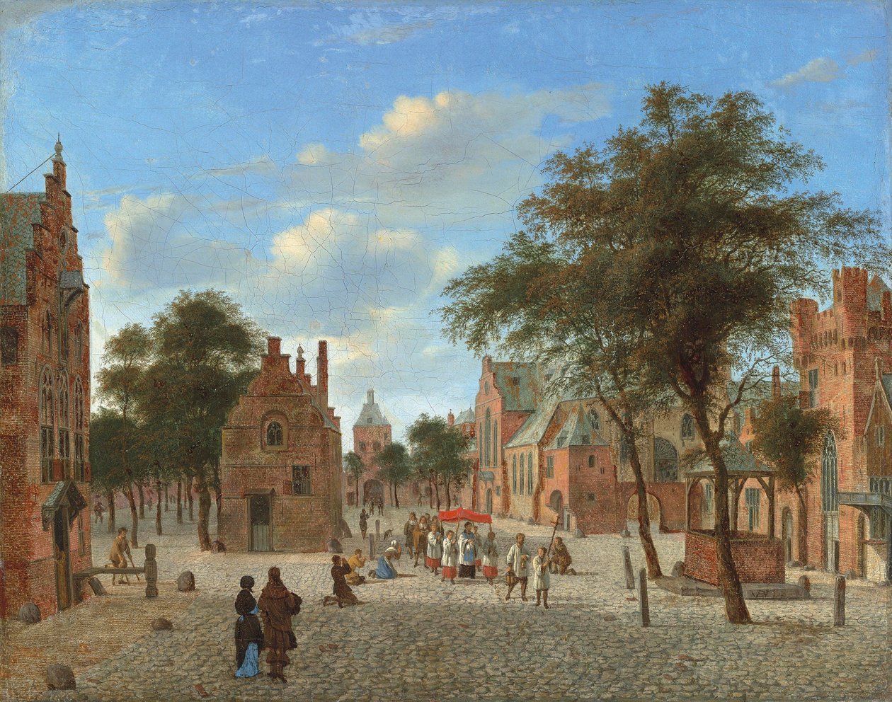 Utsikt over et torg, med en prosesjon under festen for Corpus Christi og figurer som kneler foran verten, ca. 1637–1712 (olje på lerret) av Jan van der Heyden