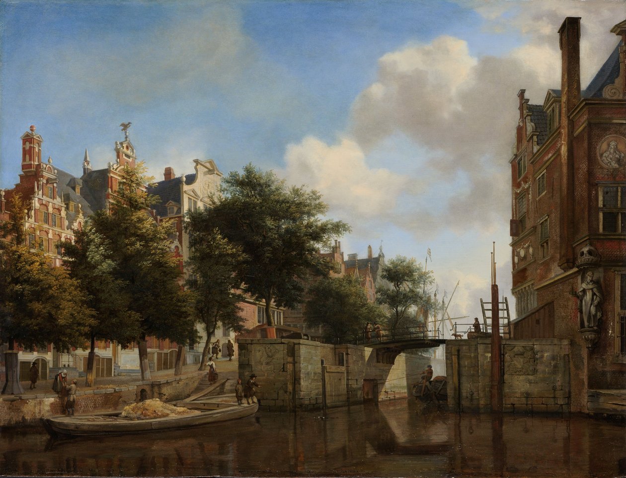 Amsterdam City View med hus på Herengracht og den gamle Haarlemmersluis, ca. 1670 av Jan van der Heyden