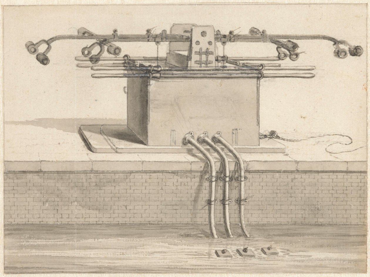 Dobbel sugepumpe foran brannslangen av Jan van der Heyden