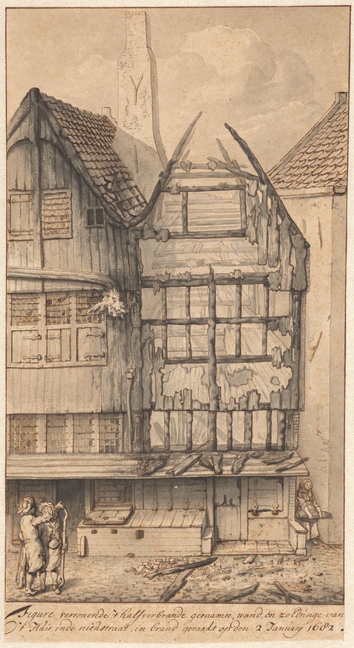 To utbrente hus i Oude Nieuwstraat, 1682 av Jan van der Heyden