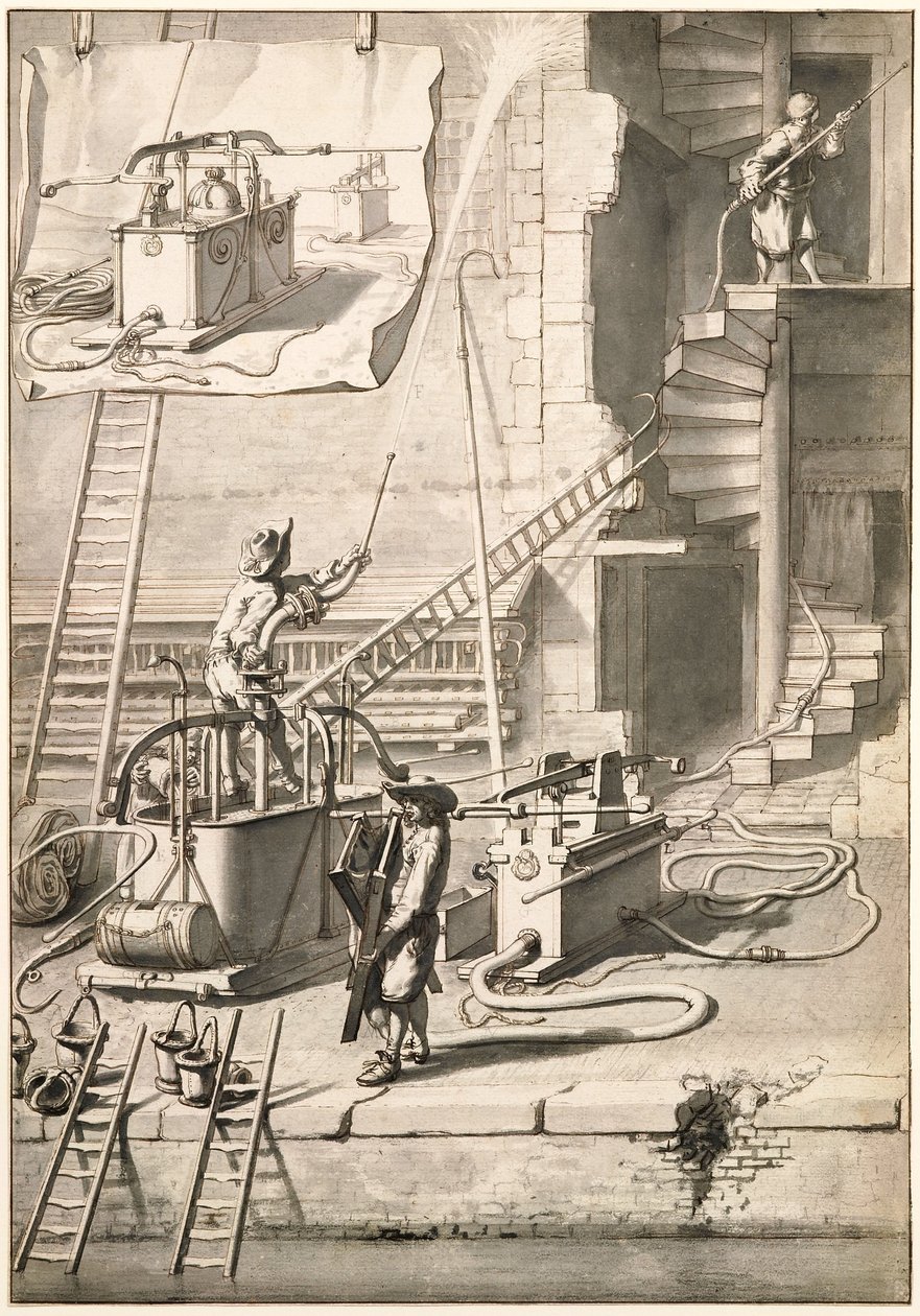 Sammenligning av de gamle brannslangene med Van der Heydens slangebrannslange av Jan van der Heyden