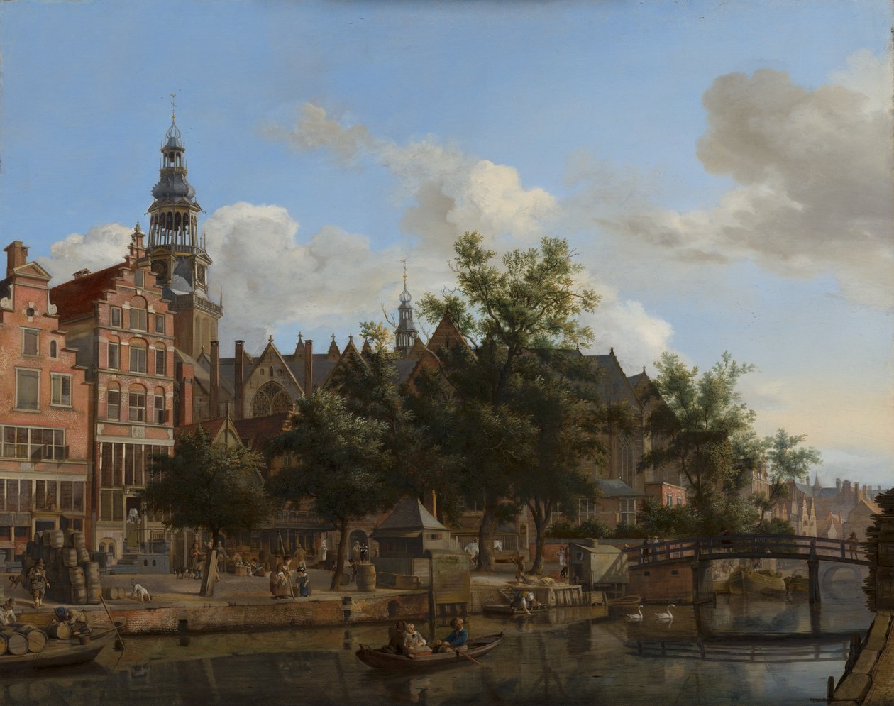 Utsikt over Oudezijds Voorburgwal med Oude Kerk i Amsterdam av Jan van der Heyden