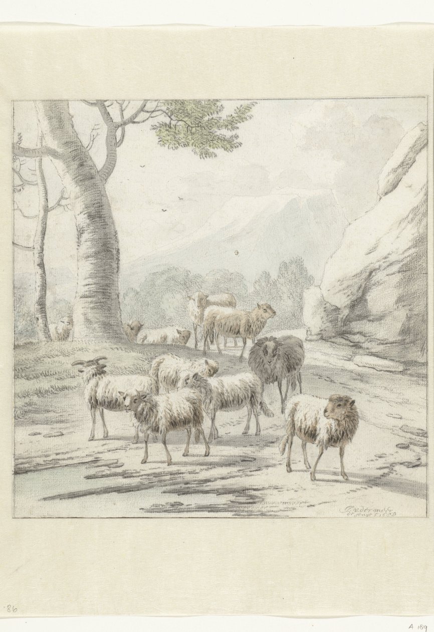 Landskap med en saueflokk nær et tre av Jan van der Meer (II)