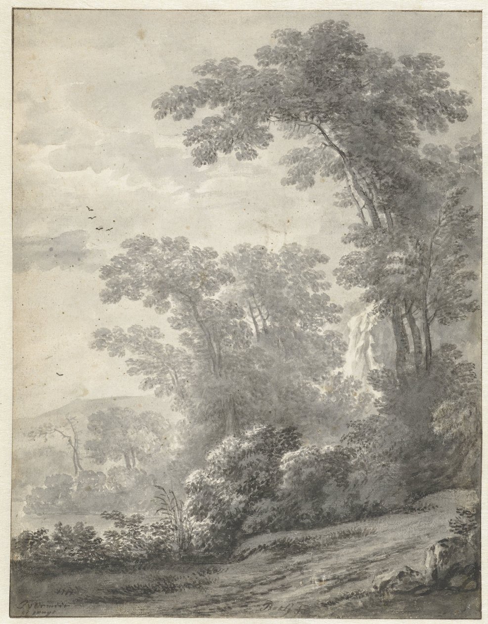Fjelllandskap med trær nær en elv av Jan van der Meer (II)