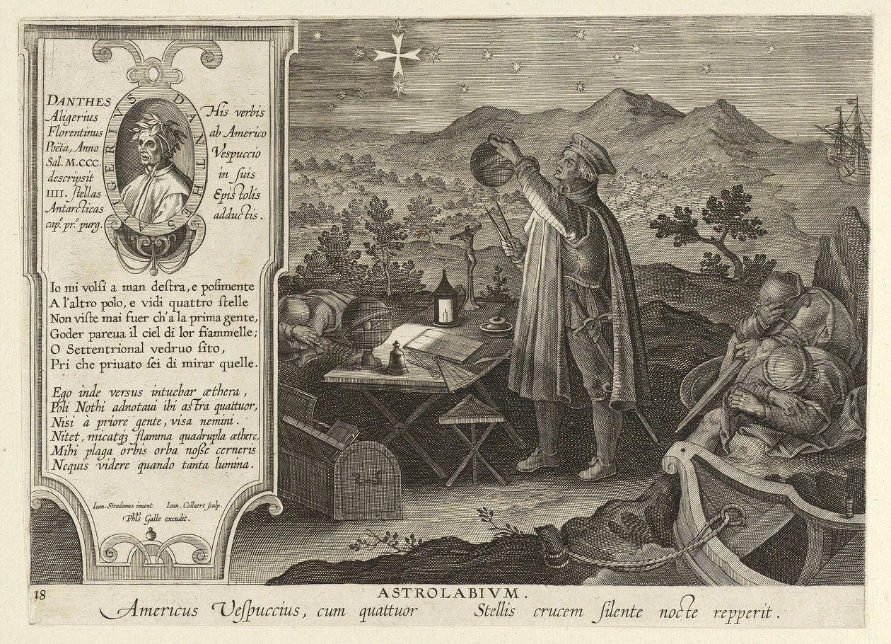 Amerigo Vespucci Oppdager Sørkorset med en Astrolabie, pub. 1600. av Jan van der Straet