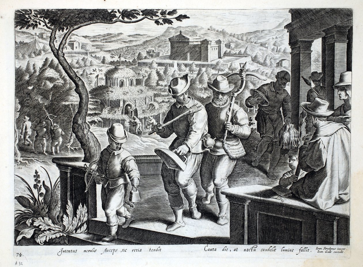 Fuglefangere som drar ut for å fange svarttrost, illustrasjon fra 'Venationes, Ferarum, Avium, Piscium' (Of Hunting: Wild Beasts, Birds, Fish), gravert av Jan Collaert (1566-1628), pub. av Phillipus Gall av Jan van der Straet