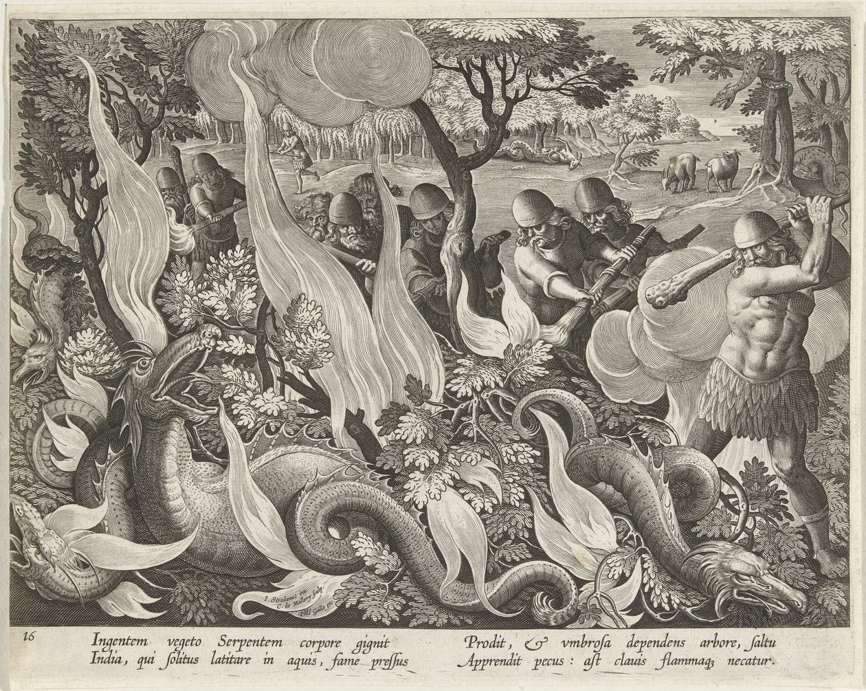 Fange slanger i India ved å bruke køller og fakler for å tenne underskogen, pub. 1640 gravering. av Jan van der Straet