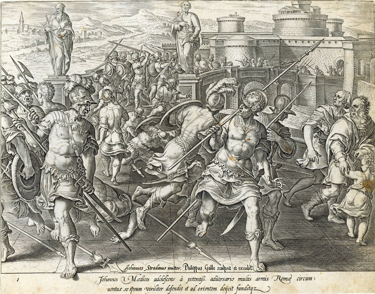 Giovanni de' Medici omgitt av Roma, plate 1 fra 'The History of the Medici', gravert av Philip Galle (1537-1612), ca. 1583 av Jan van der Straet