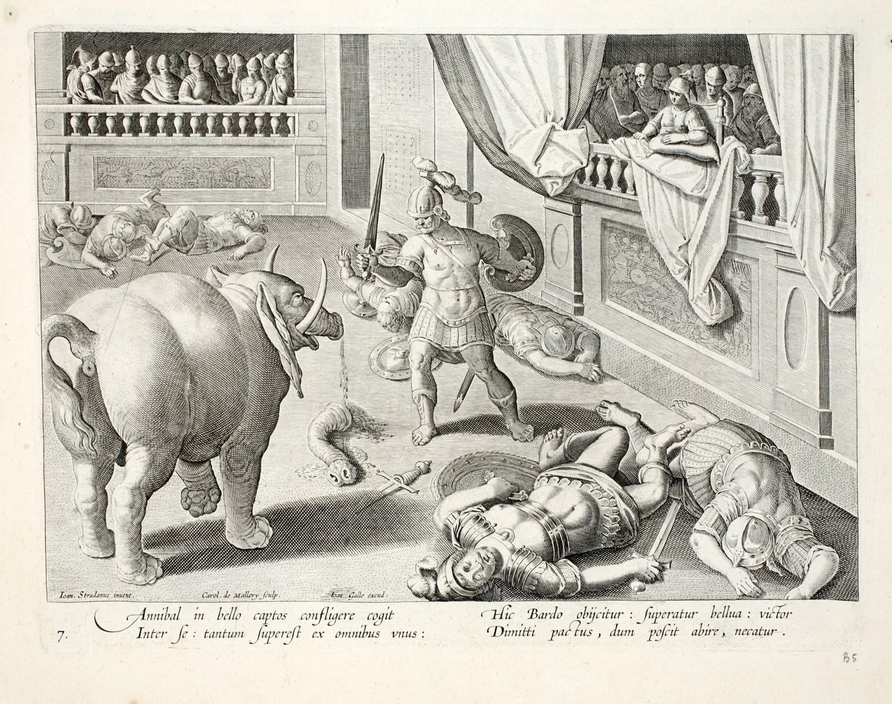 Hannibal får beseirede romere til å kjempe mot hverandre, illustrasjon fra 'Venationes, Ferarum, Avium, Piscium' (Of Hunting: Wild Beasts, Birds, Fish), gravert av Jan Collaert (1566-1628), pub. av Phillipus av Jan van der Straet