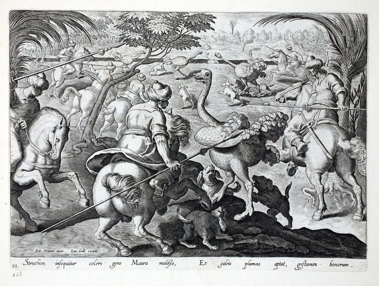 Moors on Horseback Hunting Struts, plate 62, illustrasjon fra 'Venationes, Ferarum, Avium, Piscium' (Of Hunting: Wild Beasts, Birds, Fish), gravert av Jan Collaert (1566-1628), pub. av Phillipus av Jan van der Straet