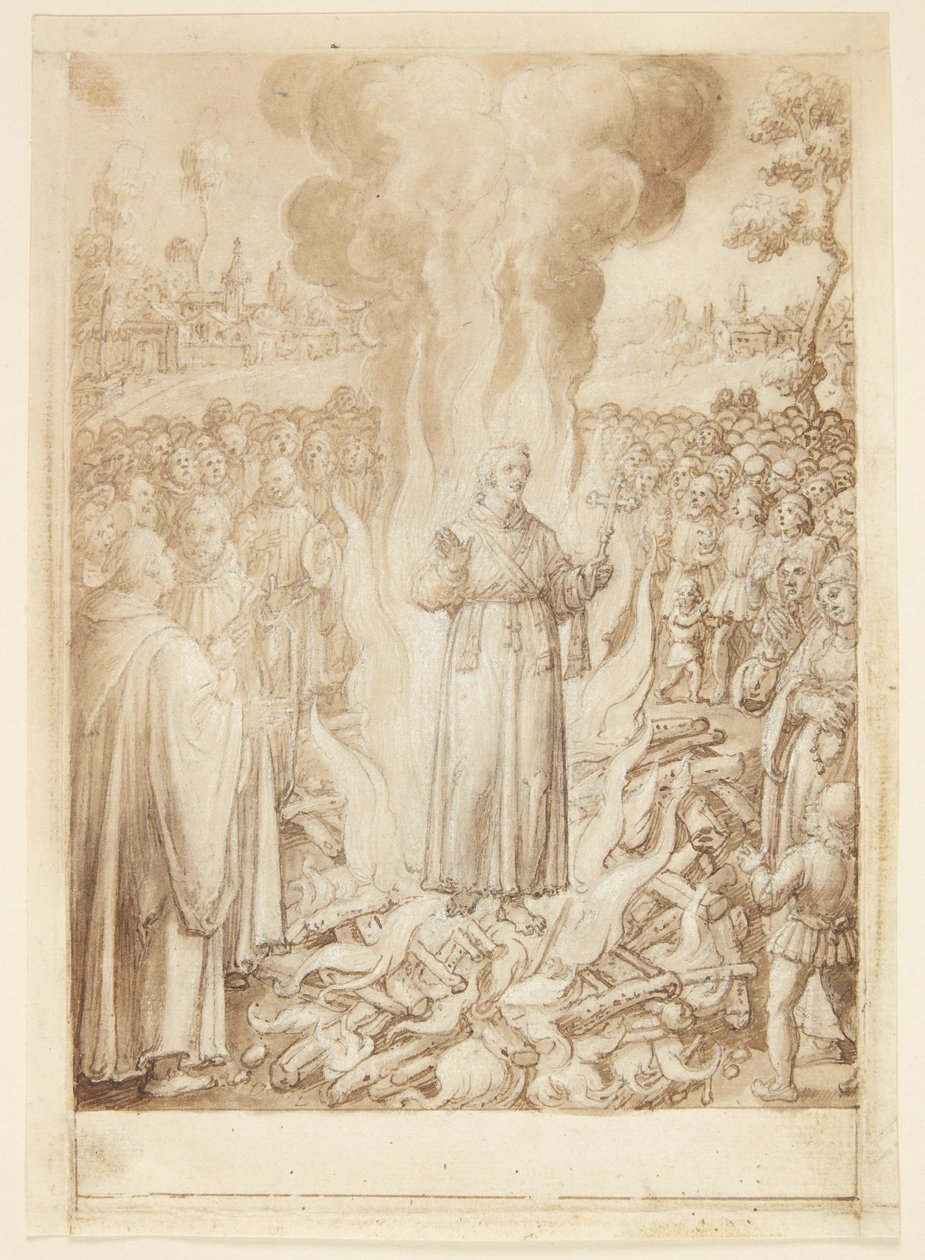 Historien til S. Giovanni Alberti Fiorentino. Abbed Petrus beviser med ild at biskopen av Firenze er en kjetter og en Simonist av Jan van der Straet