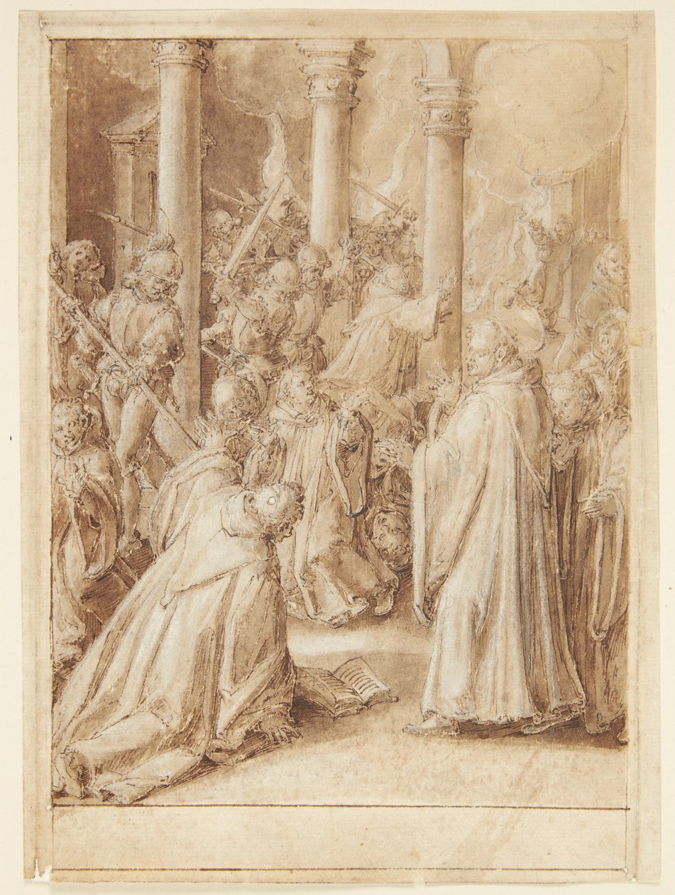 Historien til S. Giovanni Alberti Fiorentino. Soldatene sendt av biskopen av Firenze angriper klosteret der de tror Giovanni Alberti er(?) av Jan van der Straet