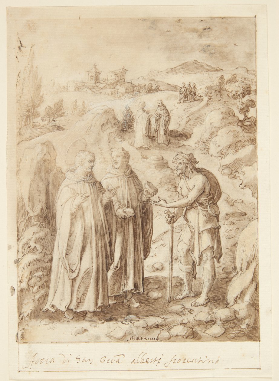 Historien til S. Giovanni Alberti Fiorentino. Helgenen og den medfølgende munken gir en tigger sitt siste brød av Jan van der Straet