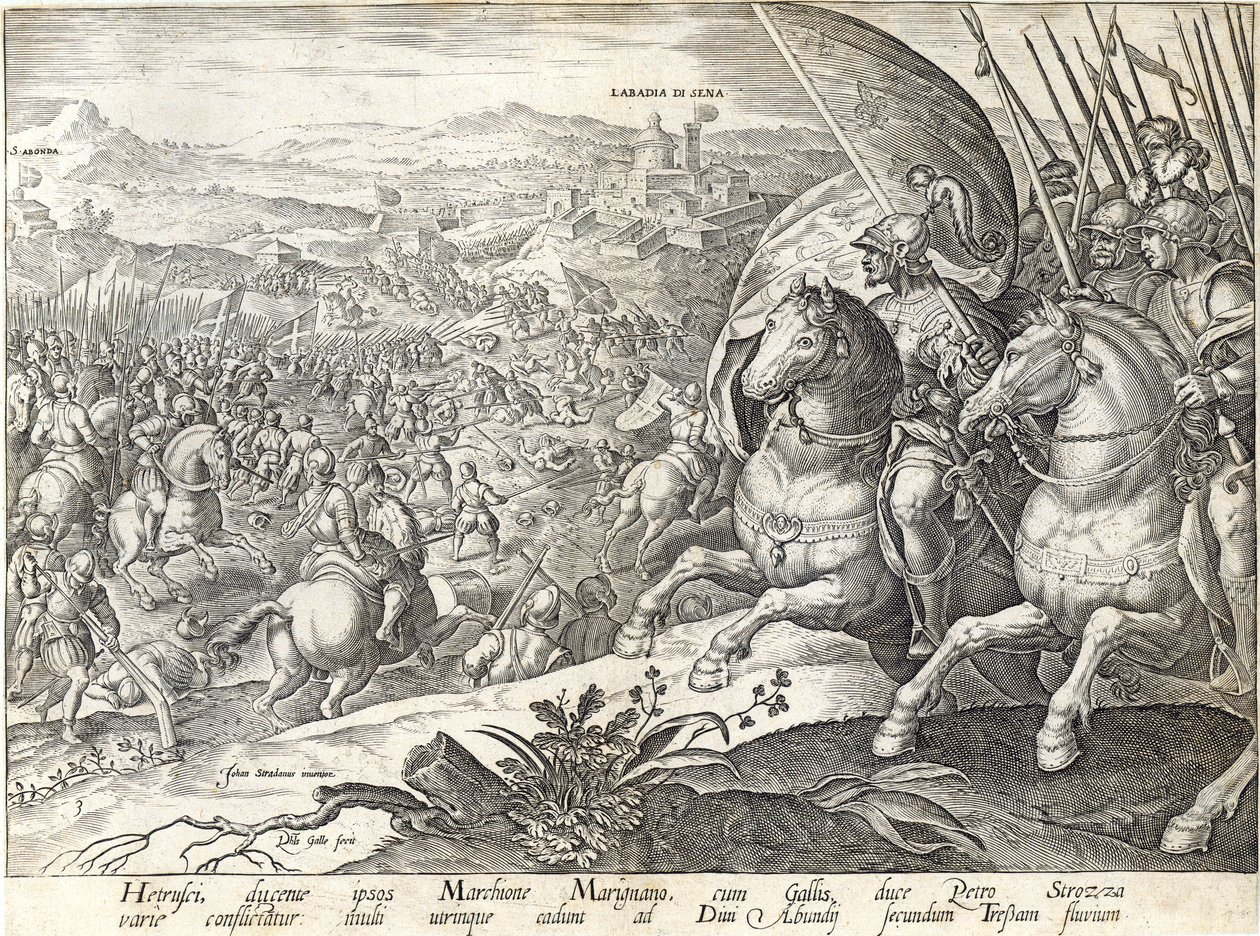 Slaget ved Labadia si Sena og St. Abonda, plate 3 fra 'The History of the Medici', gravert av Philip Galle (1537-1612), ca. 1583 av Jan van der Straet