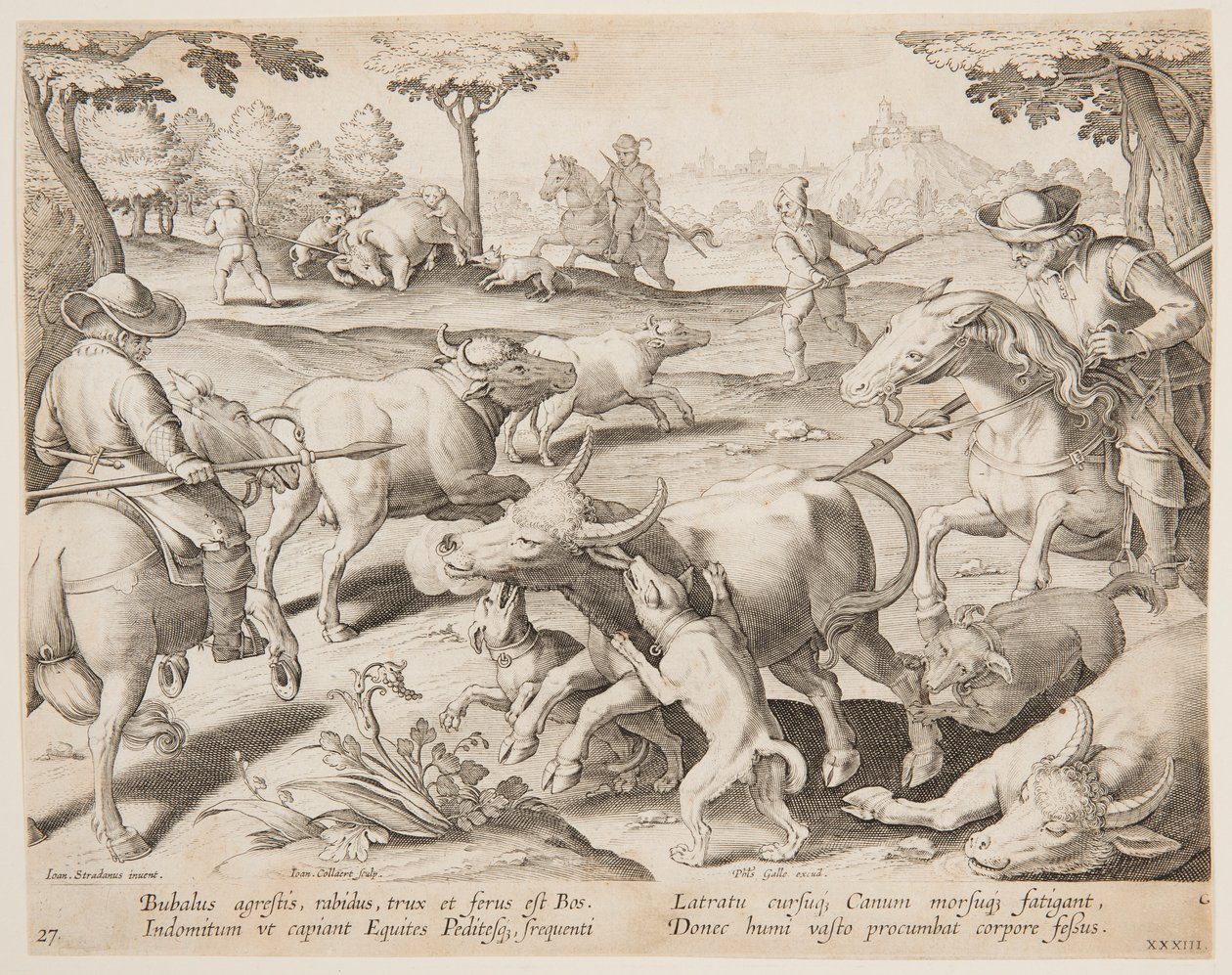 Buffalo Hunt, plate 27 i Hunts of Game, Birds and Fish-serien av Jan van der Straet, called Stradanus