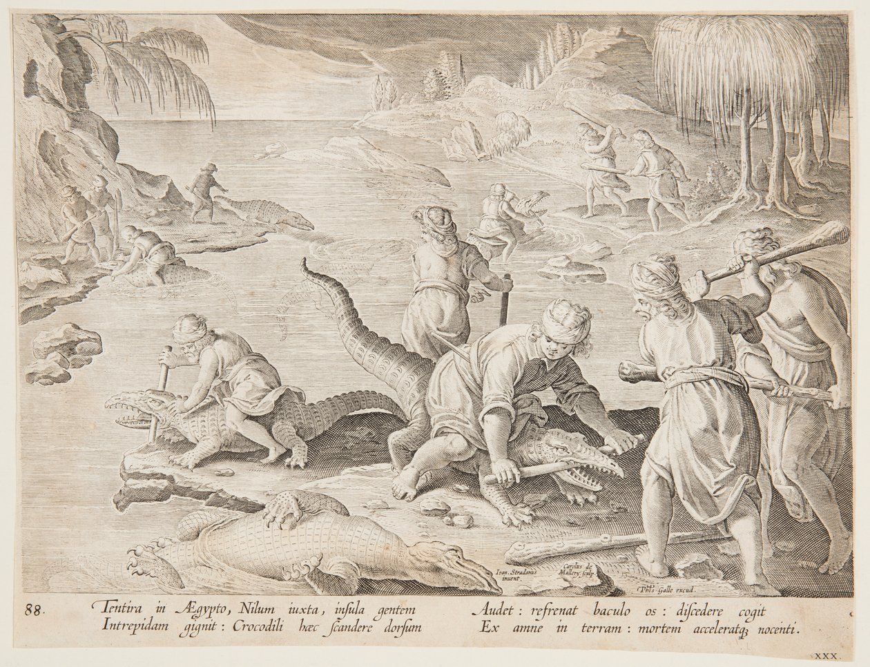 Krokodillejakt i Tentyra, i Egypt, tallerken 30 fra Hunts of Wild Animals, Birds and Fish-serien av Jan van der Straet, called Stradanus