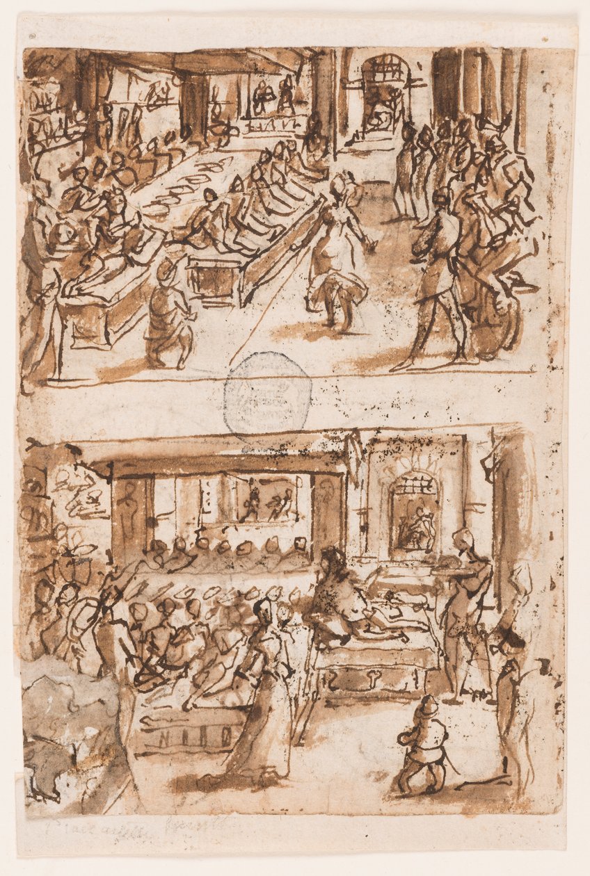 Dans av Salome; Verso, over: Daniels tolkning av den andre drømmen til kong Nebukadnesar, foreløpig design for "Spiritus Consilii" (Rådets ånd), plate 3 i trykkserien "The Seven Gifts of the Holy Spirit" ; Verso, under: To ovaler, o av Jan van der Straet, called Stradanus