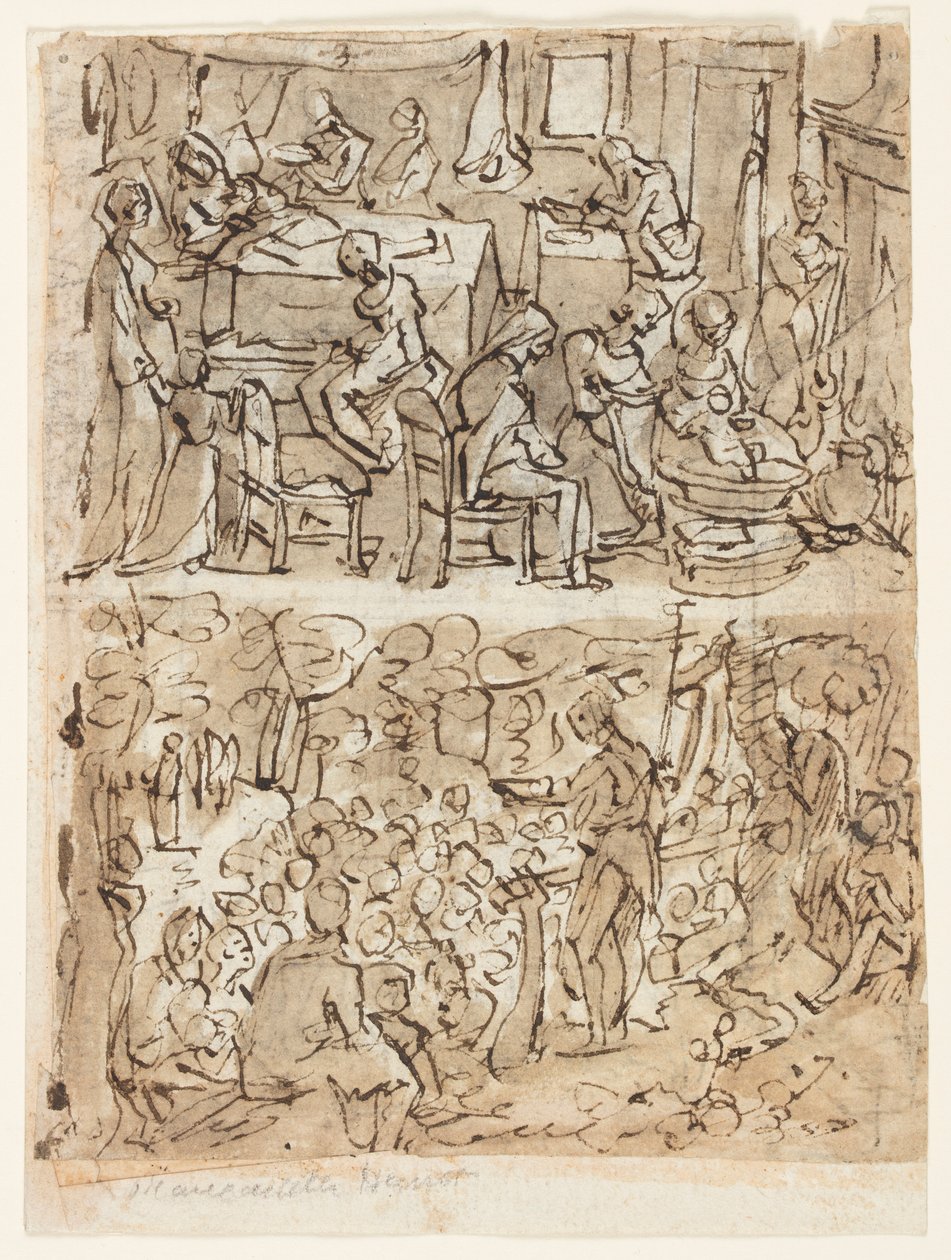 Fire scener fra døperen Johannes' liv, foreløpige design for en trykkserie (recto og verso) av Jan van der Straet, called Stradanus