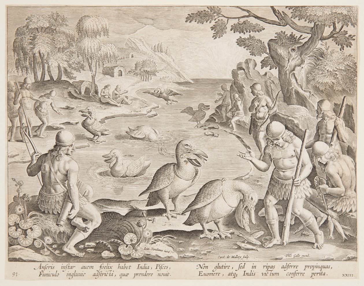 Indianere som fanger fisk med hjelp av pelikaner, plate 23 i Game of Game, Birds and Fish-serien av Jan van der Straet, called Stradanus