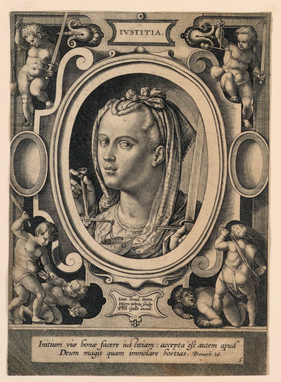 Justice (Justice), plate 5 fra "Virtutum theologicarum et cardinalium" av Jan van der Straet, called Stradanus